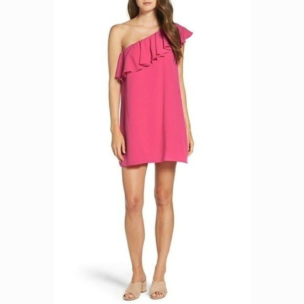 New! FRENCH CONNECTION Women's Ruffled One-Shoulder Pink Cocktail Dress Size LRG